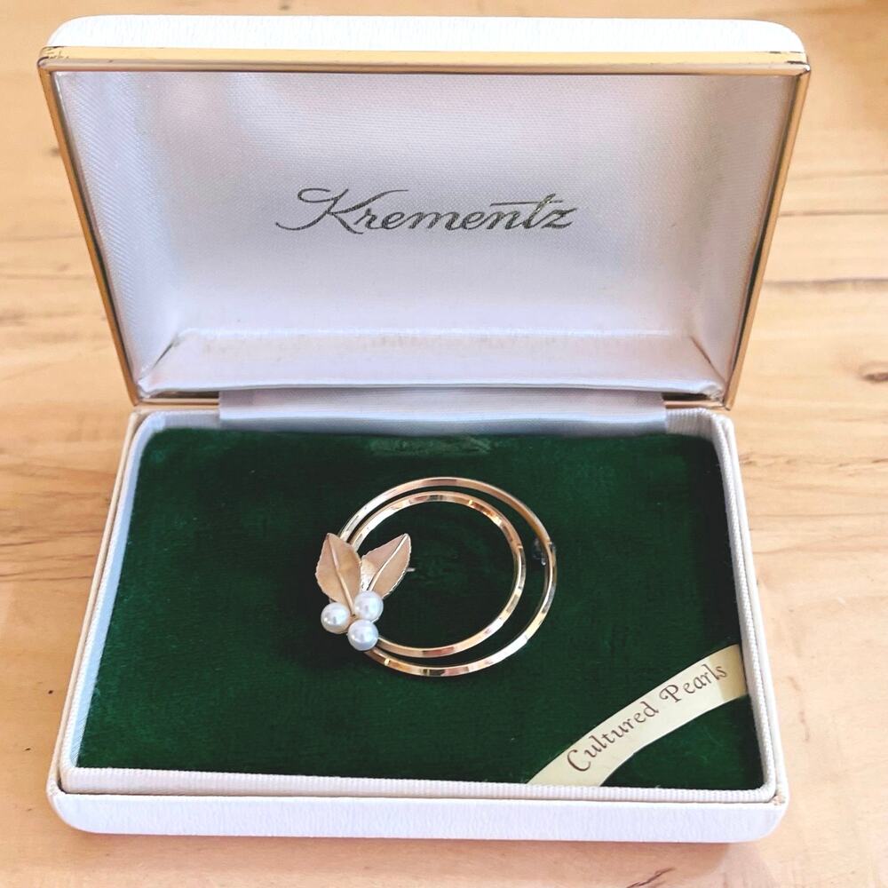 Vtg 50s Krementz Pearl 24k Gold Overlay Brooch Pin Circle Leaf MCM Mid-Century